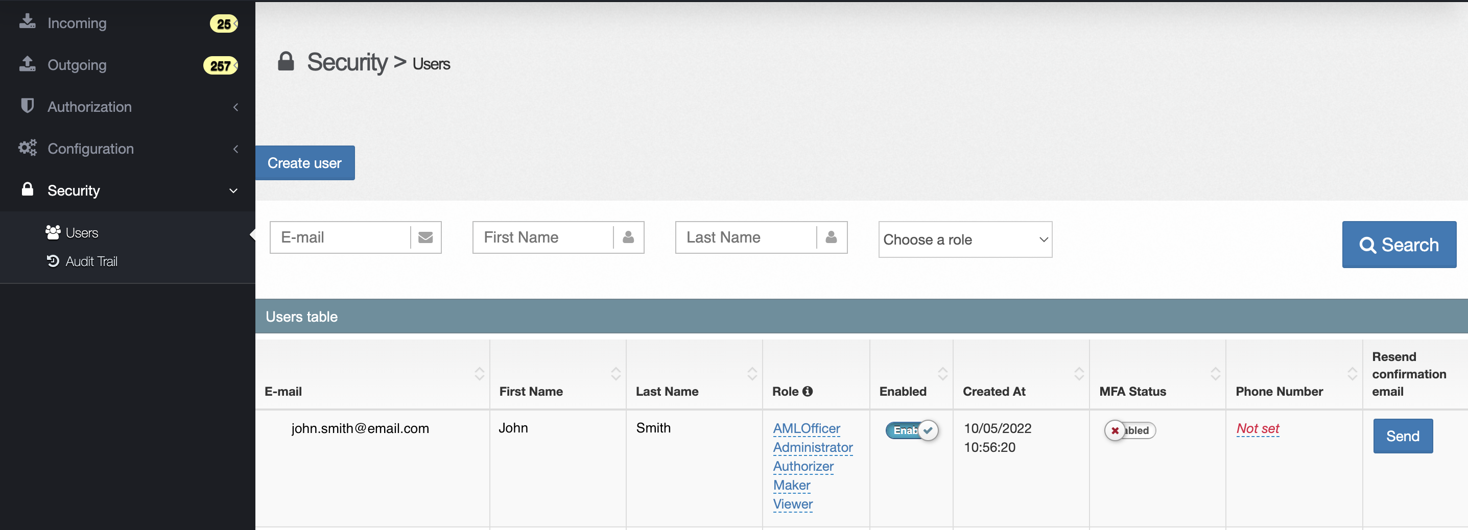 Users submenu under security menu item